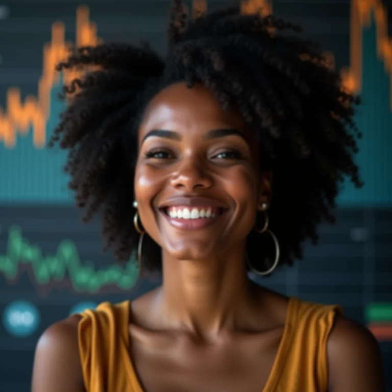 Mulher latina sorrindo com gráficos financeiros.