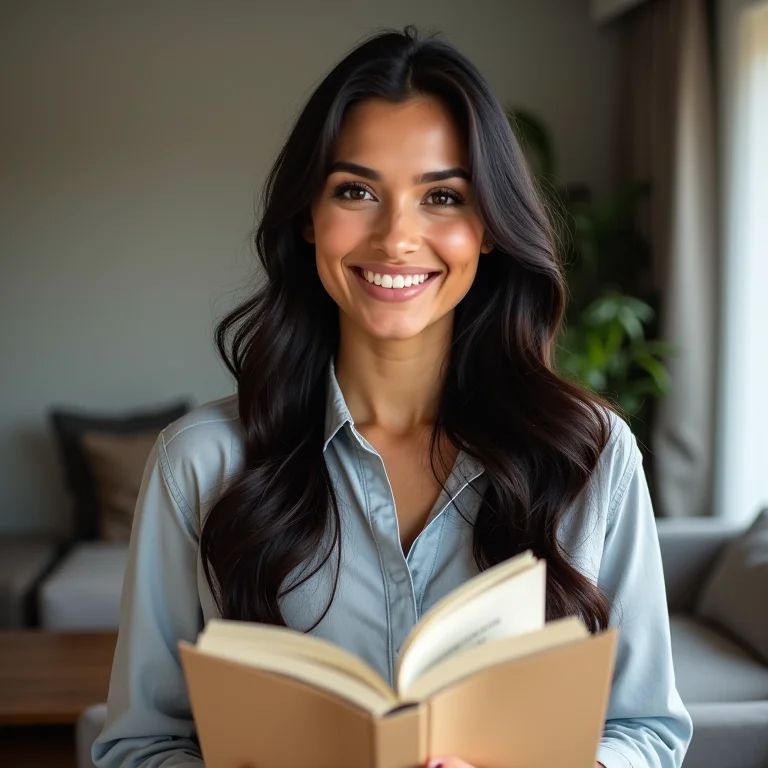Mulher latina sorrindo com livro sobre investimentos CEA