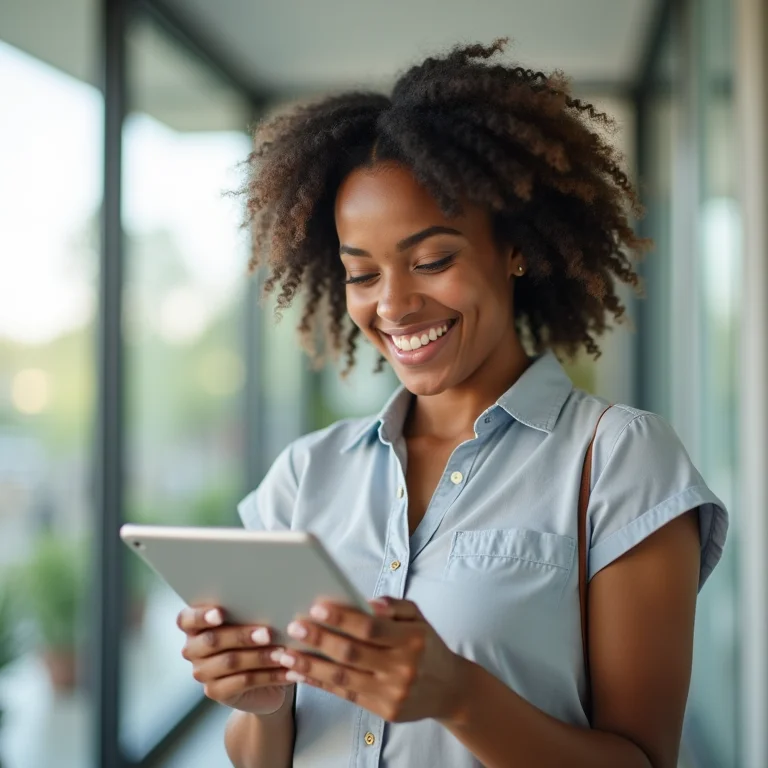 Mulher latina sorrindo, consultando lista de instituições financeiras.