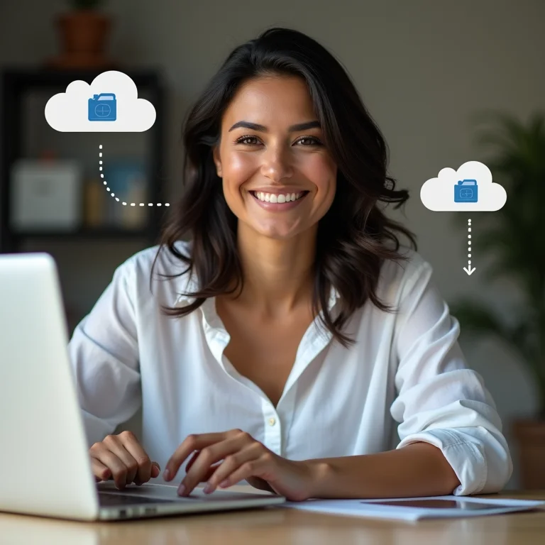 Mulher latina sorrindo enquanto gerencia arquivos em um laptop com backup híbrido.