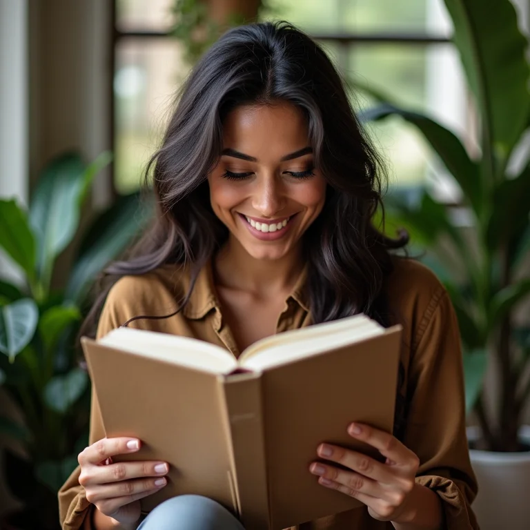 Mulher latina sorrindo enquanto navega em livros em um tablet