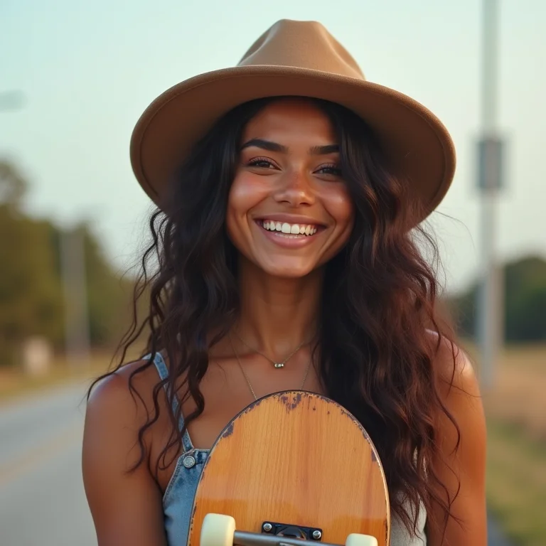 Mulher latina sorrindo enquanto segura skate