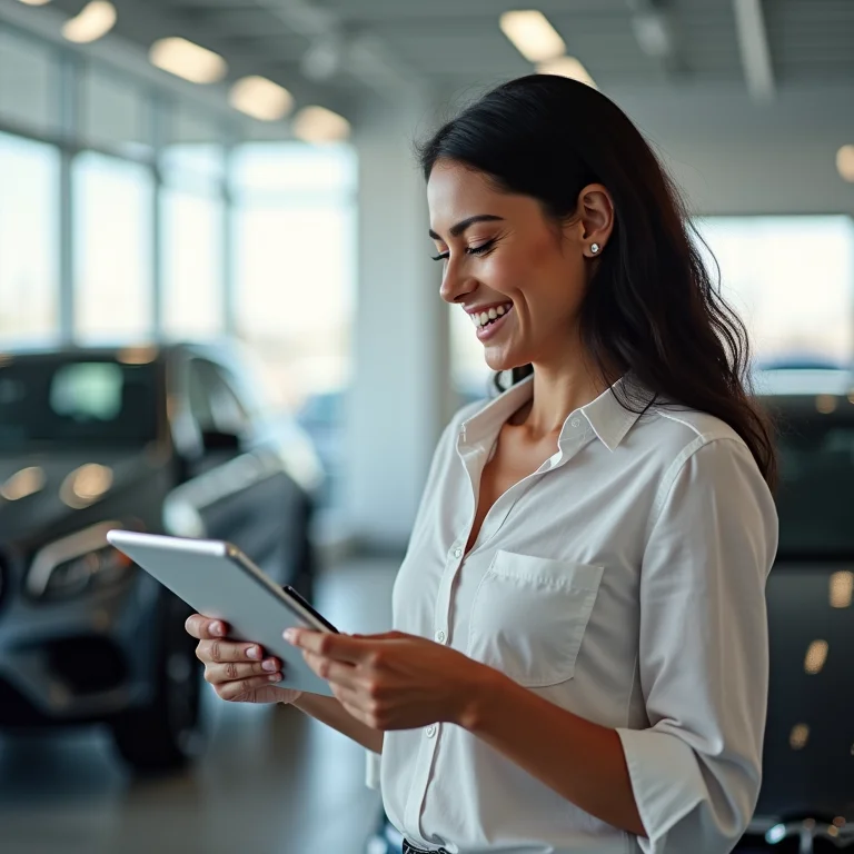 Mulher latina sorrindo enquanto usa um aplicativo de configuração de carro em um tablet
