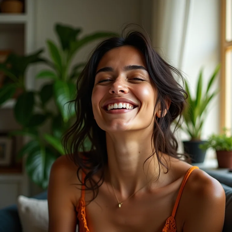 Mulher latina sorrindo inspirando ar puro