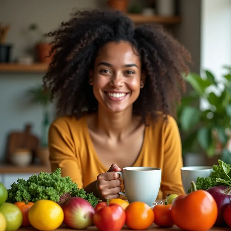 Mulher latina sorrindo, segurando uma xícara de chá com frutas e vegetais saudáveis ao fundo.