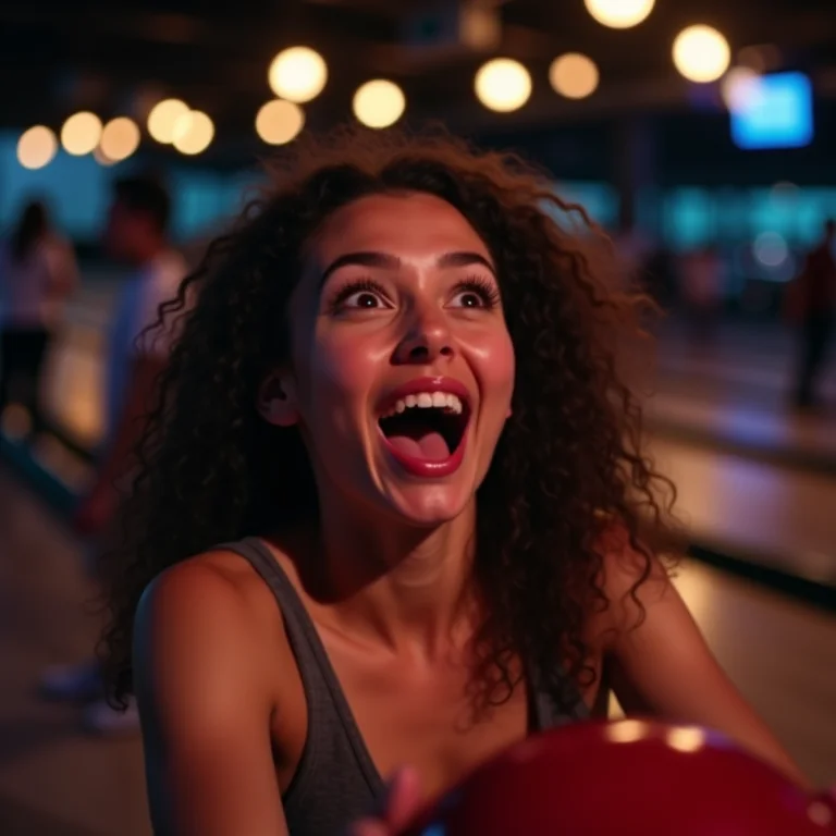 Mulher latina surpresa assistindo a um jogo de boliche
