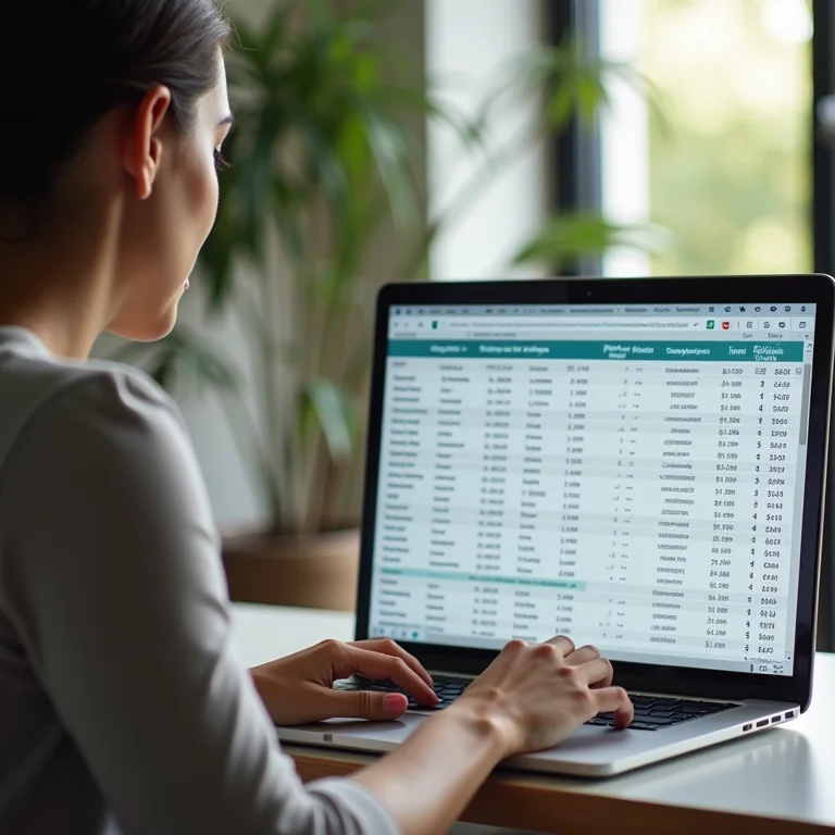 Mulher latina trabalhando em planilha de milhas no laptop.