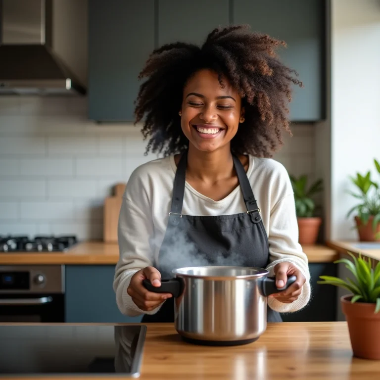 Mulher latina usando panela de pressão, dica de economia de gás
