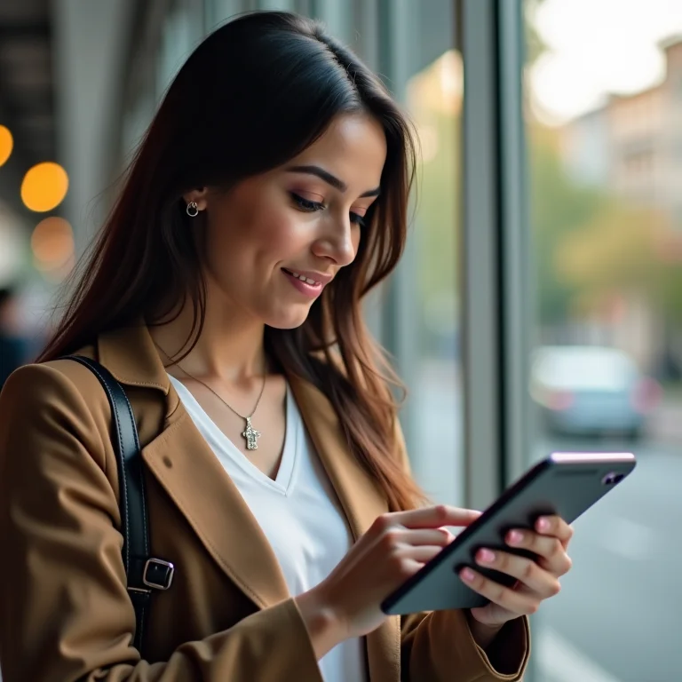 Mulher latina usando roteador Wi-Fi no celular durante viagem
