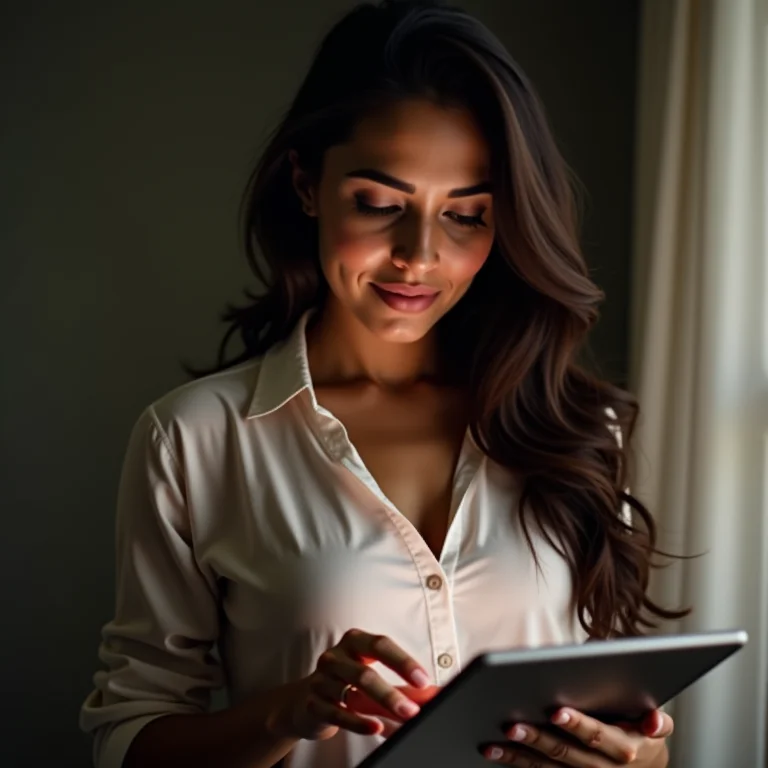 Mulher latina verificando ativação de licença digital.