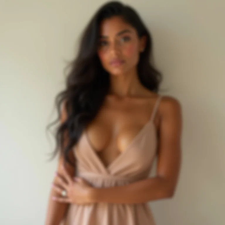 Mulher latina vestindo vestido evasê, transmitindo elegância e movimento.