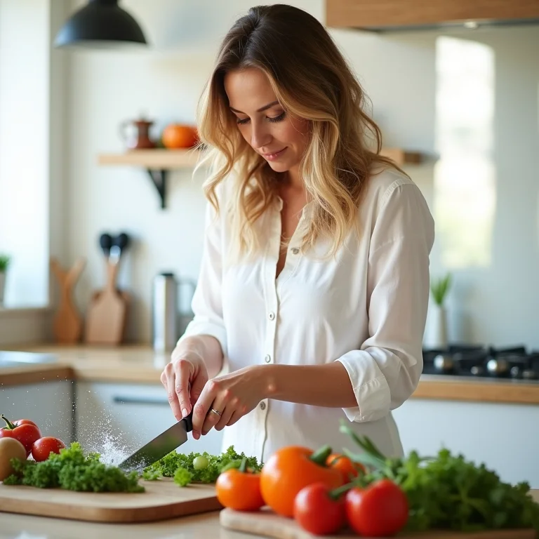 Mulher lavando e picando legumes na cozinha