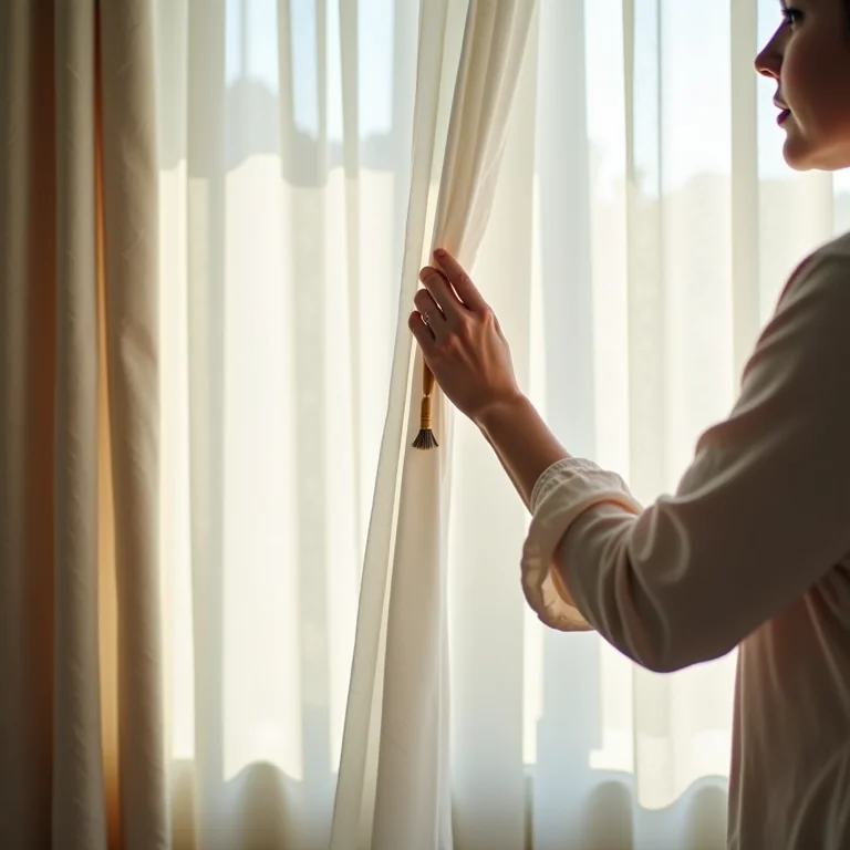 Mulher limpando cortina blackout com escova