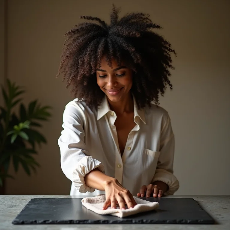 Mulher limpando móvel de ardósia.