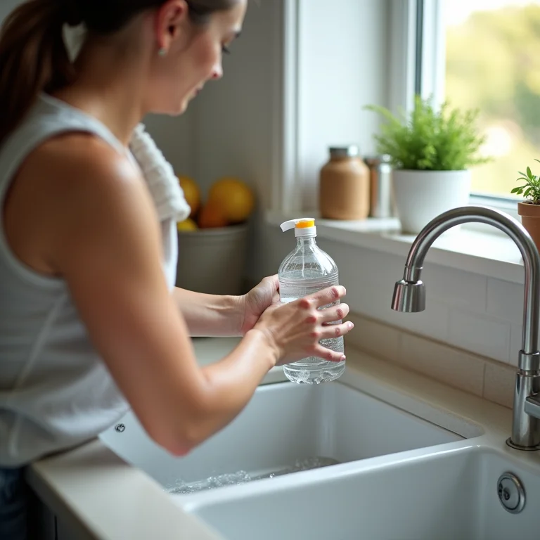 Mulher limpando sua garrafa de água reutilizável