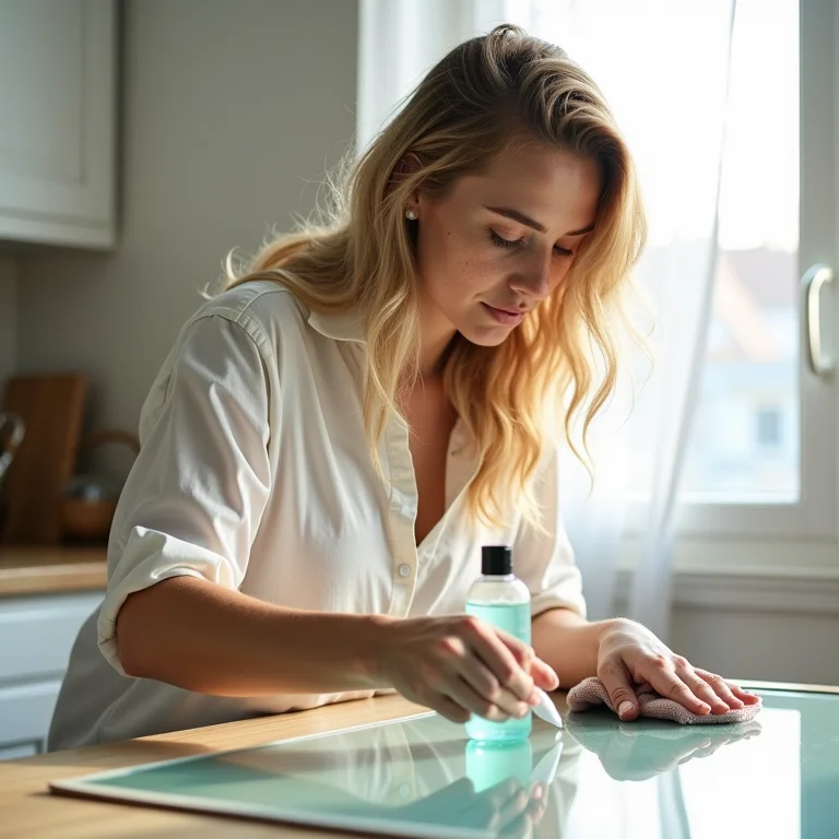 Mulher limpando vidro para projeto DIY