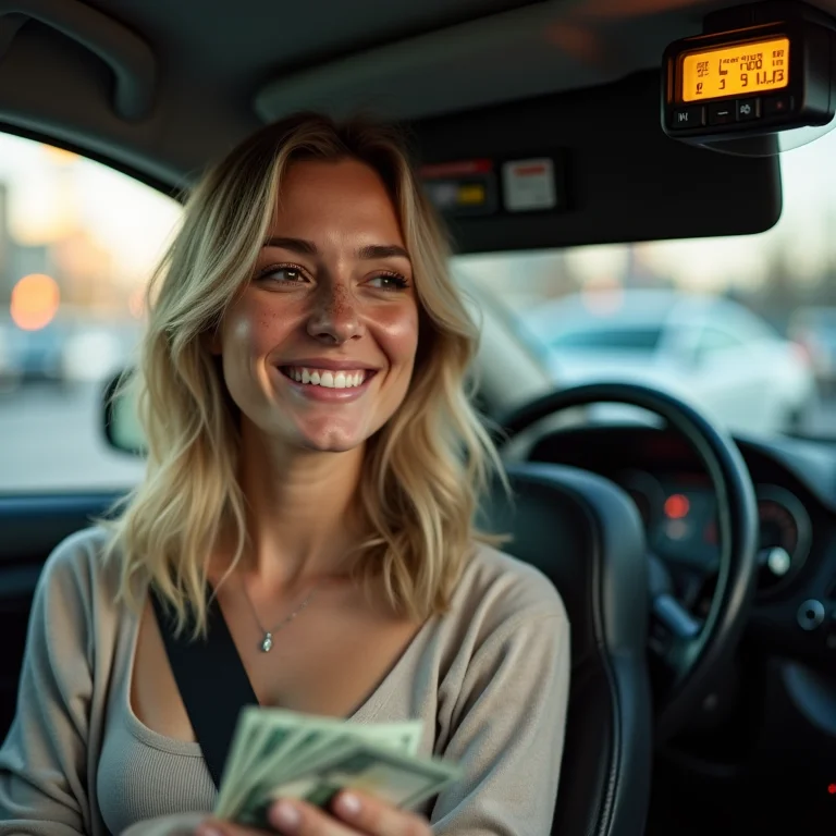 Mulher loira atenta à taxa de bandeirada do taxi.