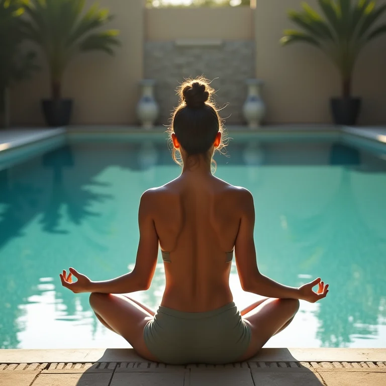 Mulher meditando à beira da piscina