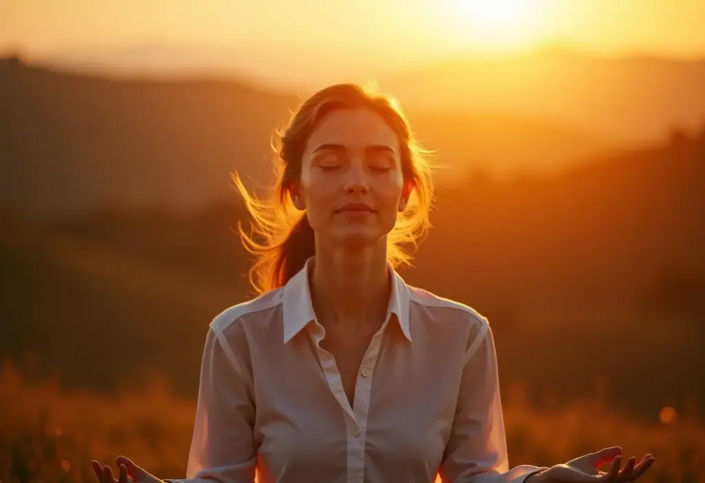 Mulher meditando ao nascer do sol para acalmar a mente