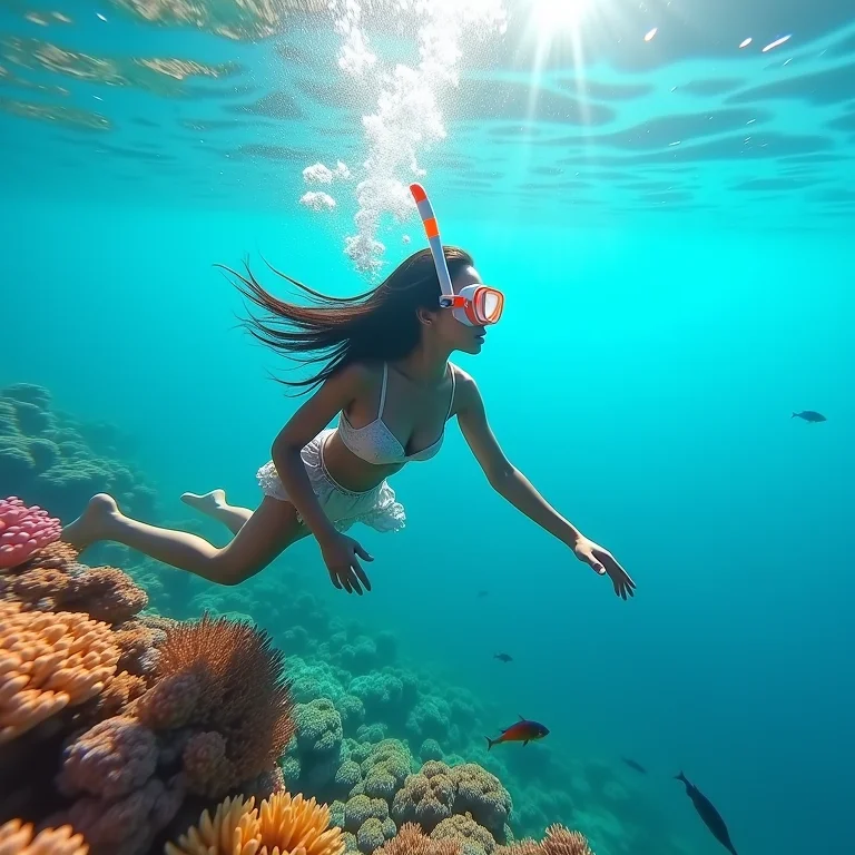 Mulher mergulhando em oceano cristalino, observando recifes de corais.