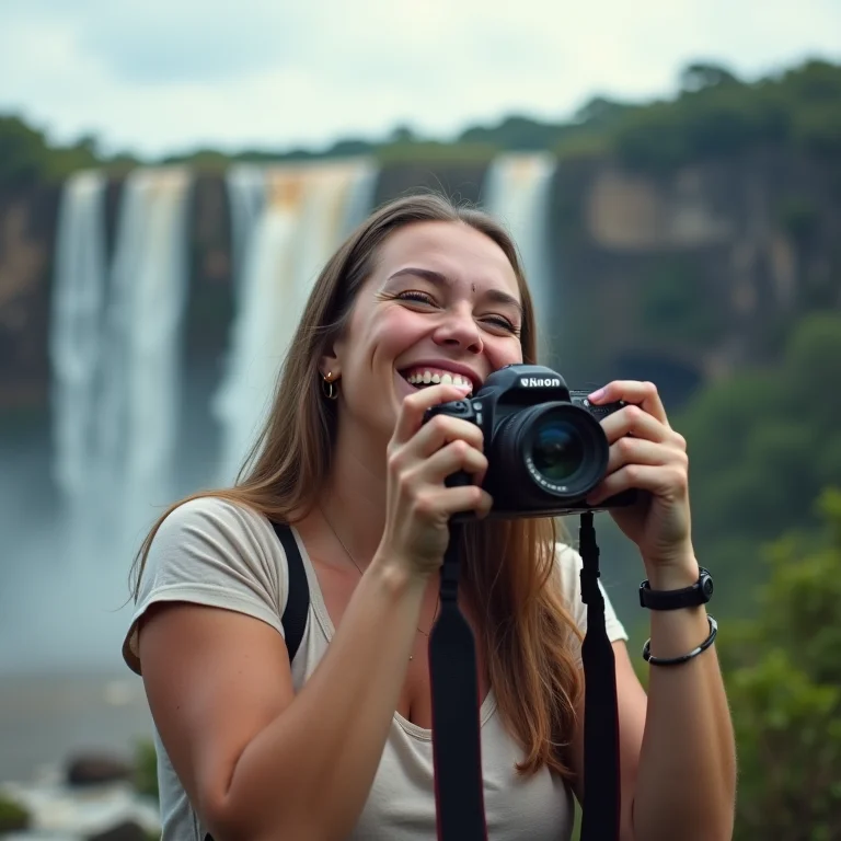 Mulher mid-size ajustando as configurações da câmera com as Cataratas ao fundo