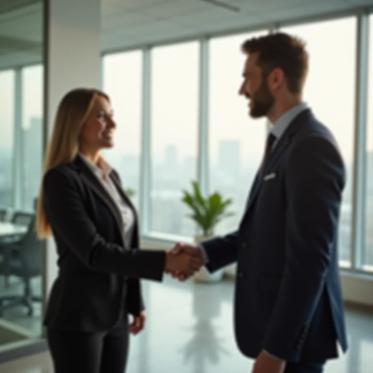 Mulher mid-size apertando a mão de um gerente em um escritório moderno