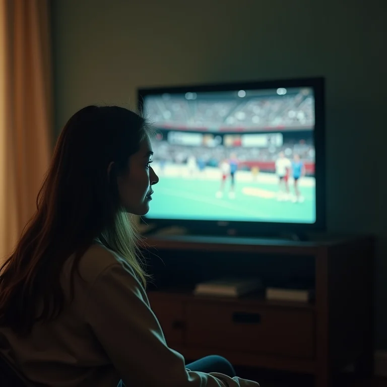 Mulher mid-size assistindo a imagens de arquivo das Olimpíadas de Los Angeles de 1984.