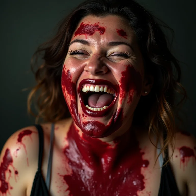 Mulher mid-size coberta de sangue falso segurando um kit de maquiagem de efeitos especiais, representando a inovação nas mortes e efeitos visuais nos filmes slasher.