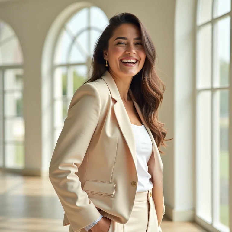 Mulher mid-size com alfaiataria leve e elegante em casamento