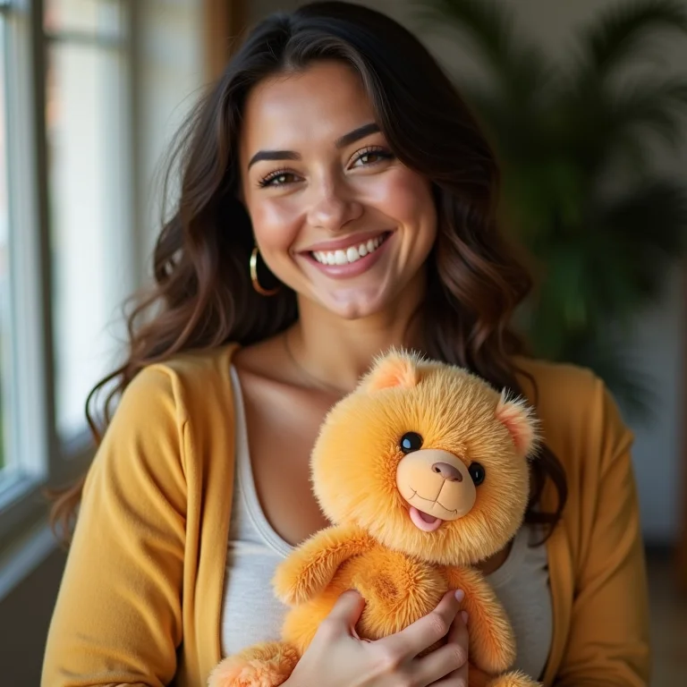 Mulher mid-size com pelúcia do Grogu.