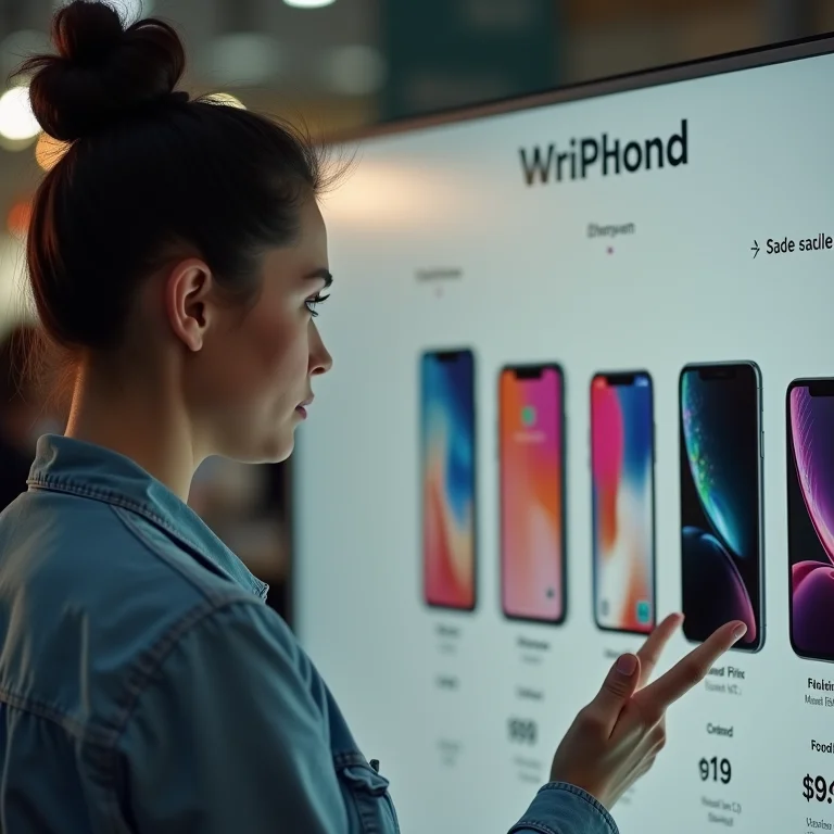 Mulher mid-size comparando o preço do iPhone com outros smartphones