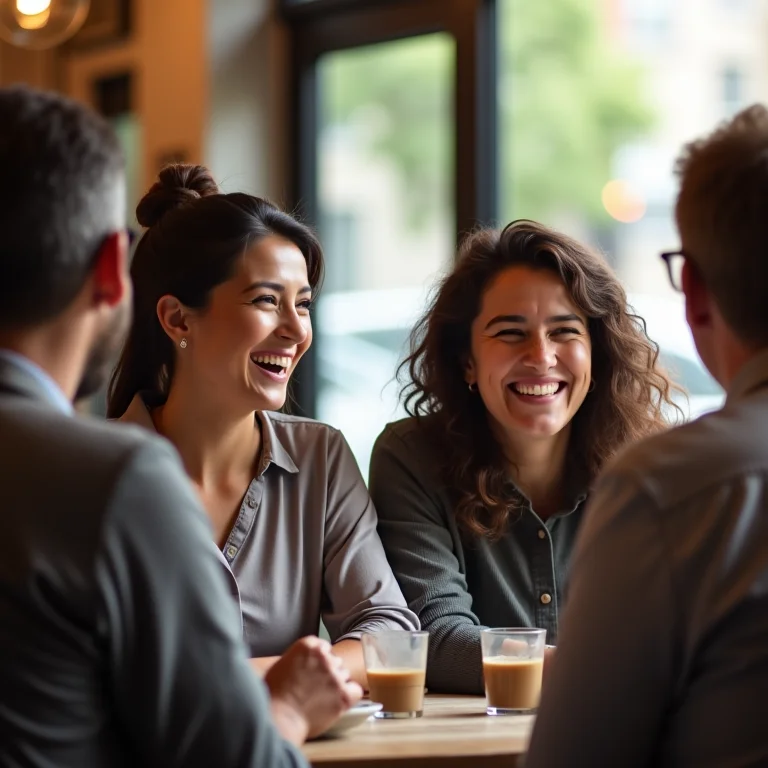 Mulher mid-size conversando animadamente em um café.