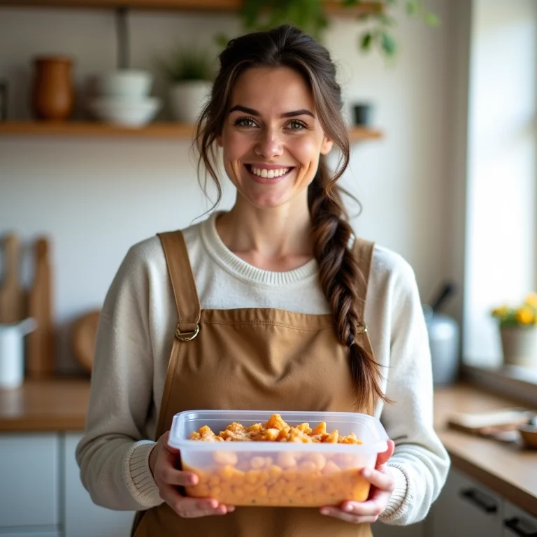 Mulher mid-size descongelando alimento, dica de economia de gás