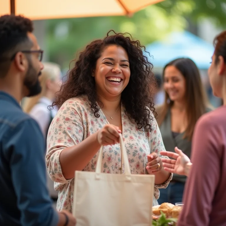 Mulher mid-size distribuindo sacolas ecológicas em evento