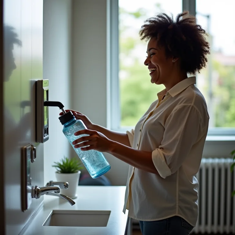 Mulher mid-size enchendo garrafa de água no escritório