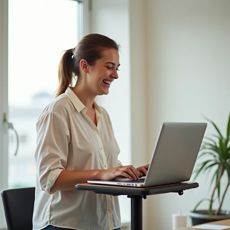 Mulher mid-size focada no trabalho usando suporte para notebook