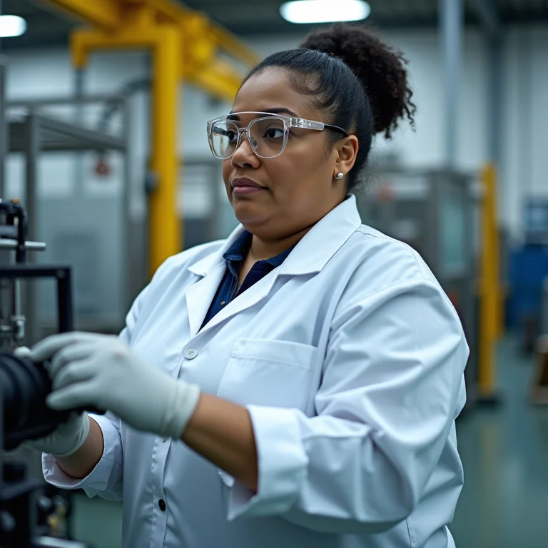 Mulher mid-size inspecionando equipamentos de proteção individual (EPI)