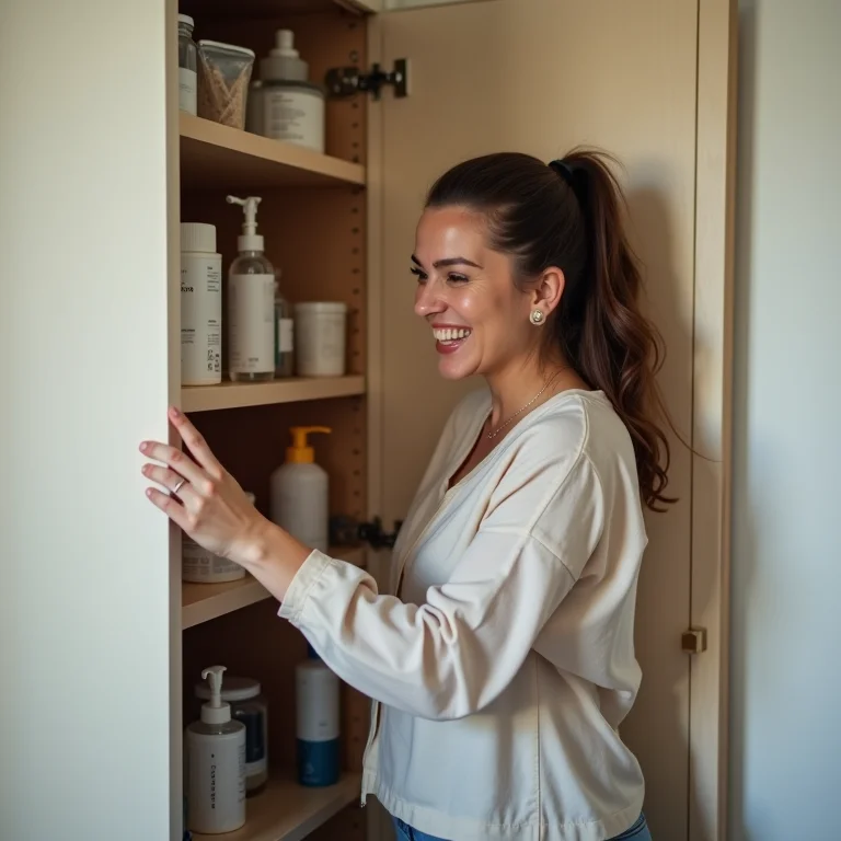 Mulher mid-size mantendo armário de limpeza organizado