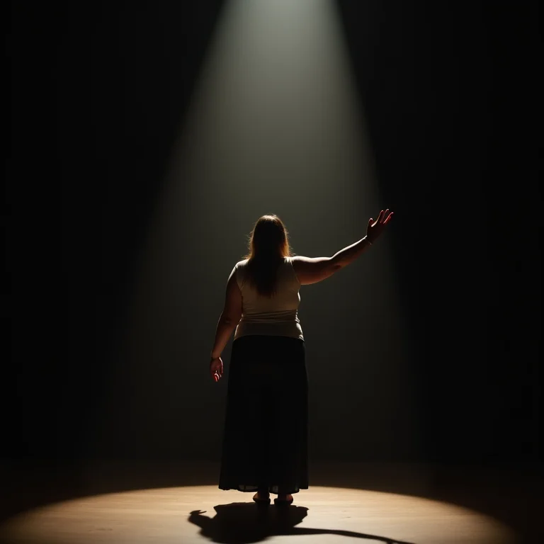 Mulher mid-size no palco usando linguagem corporal expressiva
