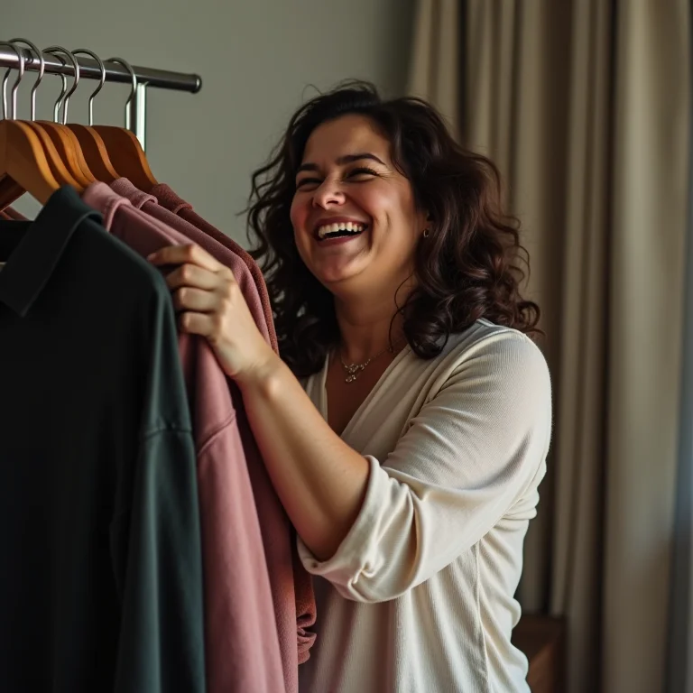 Mulher mid-size organizando roupas com cabides de veludo.