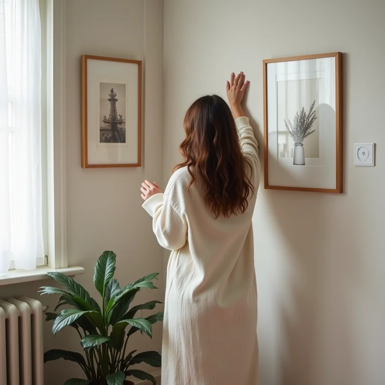 Mulher mid-size pendurando quadro em apartamento pequeno