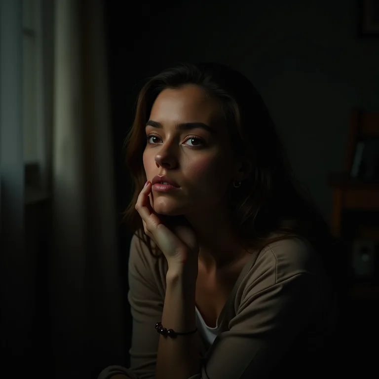 Mulher mid-size pensativa em um quarto escuro com objetos simbólicos.