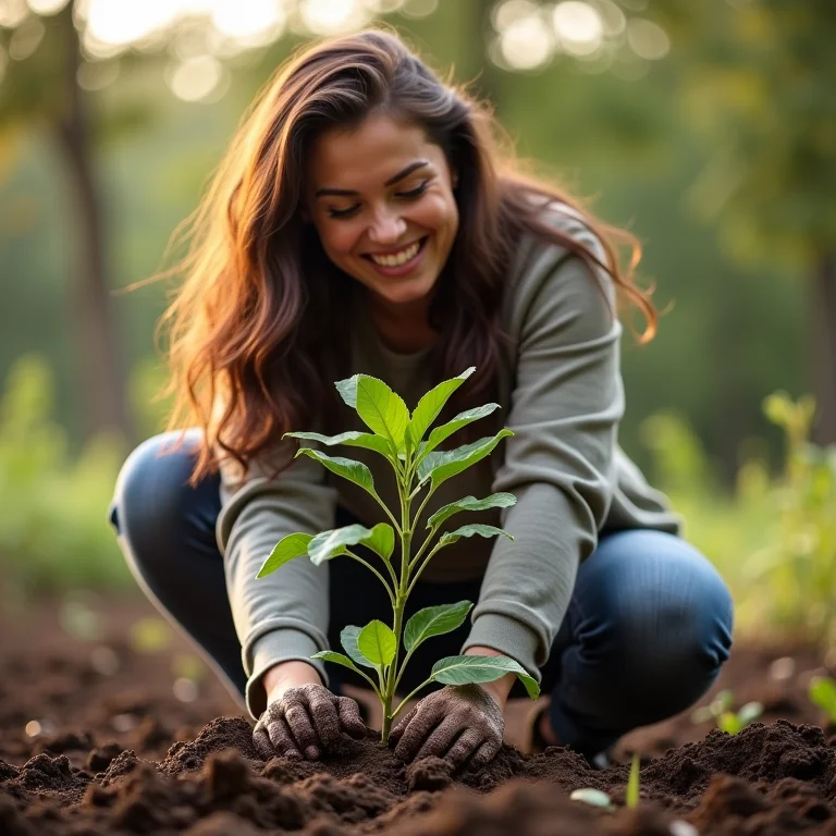 Mulher mid-size plantando árvore em iniciativa de moda sustentável