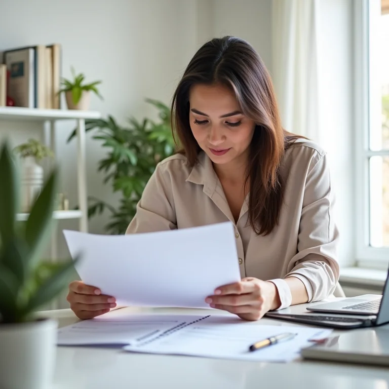Mulher mid-size ponderando sobre documentos financeiros.