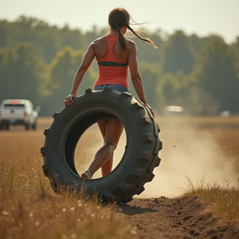 Mulher mid-size realizando farmer's walk combinado com giro de pneu