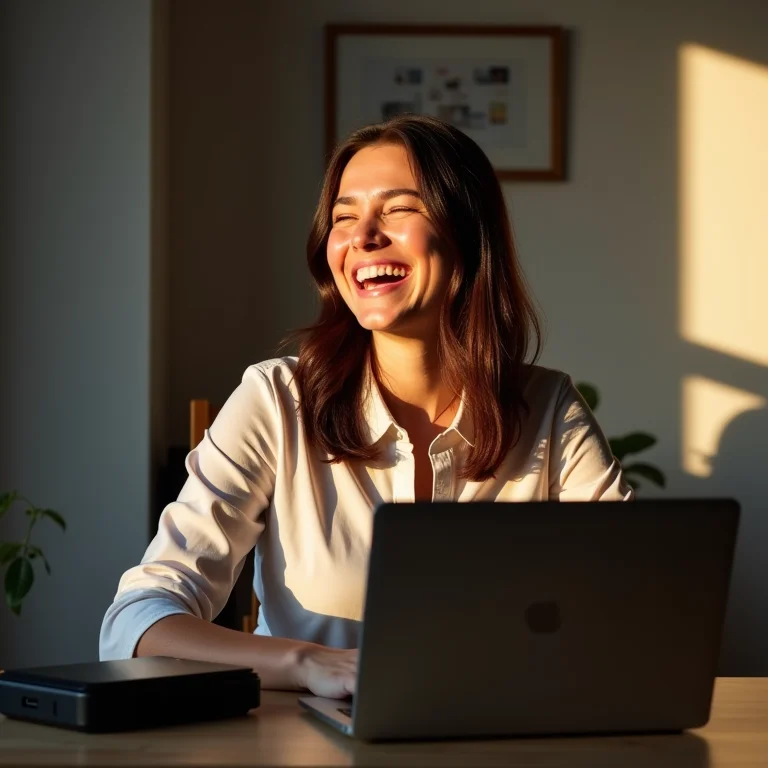 Mulher mid-size rindo aliviada após fazer backup de suas fotos