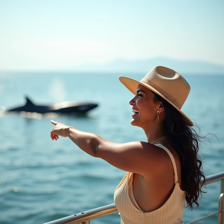 Mulher mid-size rindo durante passeio de observação de baleias