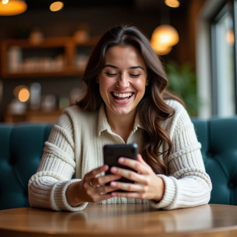 Mulher mid-size rindo enquanto usa app de orçamento