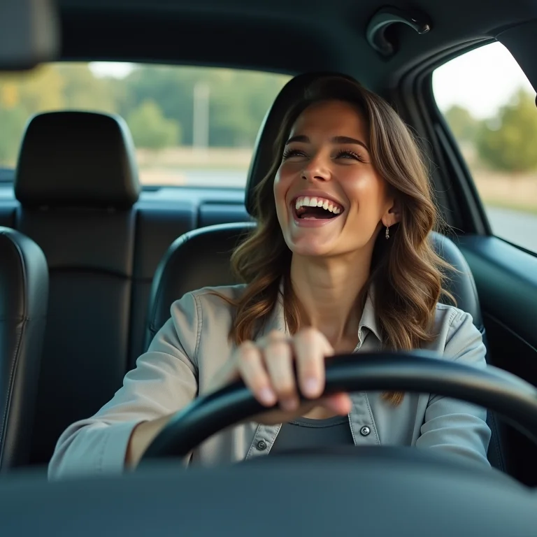 Mulher mid-size rindo no banco do motorista de um carro de luxo