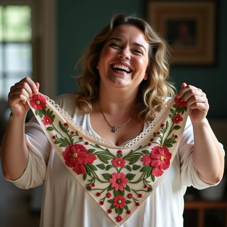 Mulher mid-size segurando bordado complexo